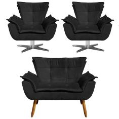 Kit Namoradeira E 2 Poltronas Giratórias Cromada Opla Suede Preto - Ibiza