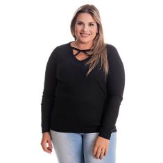 Blusa Feminina Manga Longa Ribana Canelada Vazado Abaixo Gola com Transpasse
