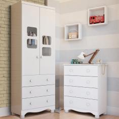 Quarto de Bebê Completo Cômoda Júnior Simples 4 Gavetas Guarda Roupa Uli 2 Portas 3 Gavetas Branco Carvalho 100% MDF Móveis Peroba