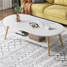 Mesa de centro oval, mesas de centro modernas de 2 camadas, com prateleiras abertas para armazenamento e exibição, mesa de sofá de 2 níveis, móveis pequenos e modernos para sala de estar e escritório