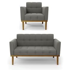 Namoradeira Com Poltrona Base De Madeira Castanho Elisa Suede D03 - D\'rossi Cor Grafite