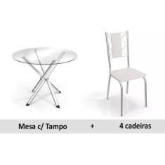 Sala De Jantar Completa Volga C/ Tampo Vidro 95cm + 4 Cadeiras Lisboa