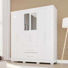 Guarda-Roupa Casal Diamante Premium 6 Portas 2 Gavetas com Pés e Espelho Branco - Pnr Móveis