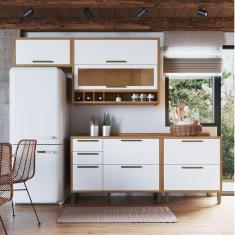 Cozinha Compacta 200cm Com 4 Peças 4 Prateleiras E Vidro Reflecta 100% Mdf Vicenza Espresso Móveis Amêndoa-branco