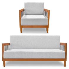 Kit Poltrona E Sofá Living 2 Lugares Marilia 1,60m Linho Cinza Base Em Madeira Castanho - Pallazio