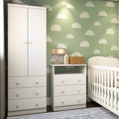Quarto Infantil com Guarda Roupas 2 Portas 3 Gavetas e Cômoda 3 Gavetas Teka Espresso Móveis Branco Brilho