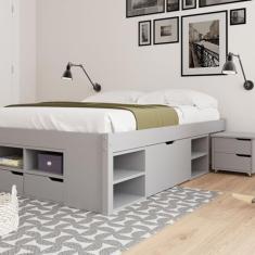Cama Casal Multifuncional Madeira Maciça 6 Gavetas Charme Cool Grey