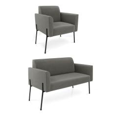 Sofá Namoradeira E Poltrona Pé De Ferro Preto Marisa Suede Grafite D03 - D`rossi