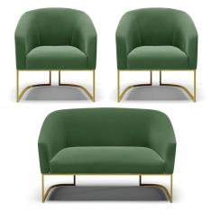 Namoradeira E 2 Poltronas Base Industrial Dourado Stella Suede D03 - D`rossi Cor Verde
