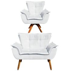 Kit 01 Namoradeira e 01 Poltrona Giratória Opala Suede Base Madeira MM