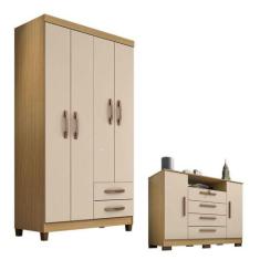 Guarda Roupa Solteiro Modena 4 Portas E Cômoda Madri Carvalho American