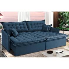 Sofá Cama Retrátil Reclinável 2,55m Cama Inbox Versátil com Pillow Top e Molas Velusoft Azul