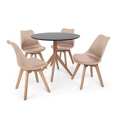 Conjunto Mesa de Jantar Maitê 80cm Preta com 4 Cadeiras Eames Wood Leda - Nude