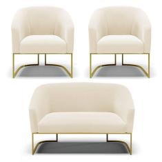 Sofá Namoradeira E 2 Poltronas Base Industrial Dourado Stella Veludo Bege D03 - D`rossi