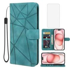 Wanyuexes Capa para iPhone 15 de 6,1 polegadas, capa carteira para Apple 15 com protetor de tela de vidro temperado, toque de pele PU, flip fólio, suporte para cartão de crédito, suporte para iPhone