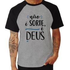 Camiseta Raglan Não é sorte, é Deus - Foca na Moda, Cinza, Preto, GG