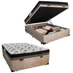 Cama Box Baú Casal Suede Bipartido + Colchão Ortobom ISO Dupla Face 60x138x188