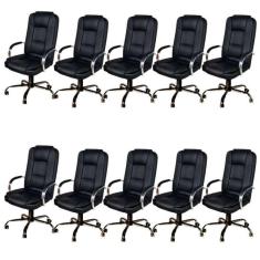 Kit 10 Cadeiras de Escritório Presidente em Sintético Base Cromada Euro Preto