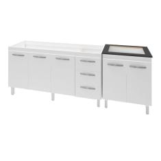 Armário Cozinha Gabinete Pia De 140 Cm Carina Com Balcão Cooktop 4 Bocas Branco Jade