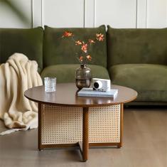 Mesa de centro pequena de vime, mesa de centro de madeira maciça boho, mesa de canto redonda moderna, mesa de cabeceira estreita, para sala de estar, apartamento, escritório