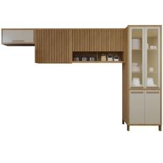 Cozinha Completa Torino com Paneleiro Vidro Reflecta e 3 Armários Aéreos Cinamomo/Off White