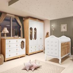 Quarto de Bebê Completo com Berço Mini Cama com capitonê Guarda Roupa e Cômoda 100 MDF Elô New Noah Móveis Peroba
