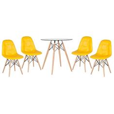 Loft7, Kit Mesa de vidro Eames 70 cm + 4 cadeiras estofadas Eiffel Botonê amarelo
