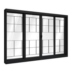 Janela de Aço de Correr Central com Grade Quadrada 4 Folhas 100x100cm Aço Pronto Riobras Preto