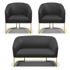 Sofá Namoradeira E 2 Poltronas Base Industrial Dourado Stella Corino D03 - D`rossi Cor Preto