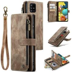 UEEBAI Capa carteira para Samsung Galaxy A51 4G, capa de telefone premium feita à mão de couro PU com compartimentos para cartões, fecho magnético, bolso com zíper, suporte, capa flip com alça de mão