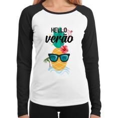 Baby Look Raglan Hello Verão Manga Longa - Foca na Moda, Branco, Preto