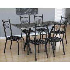Conjunto de Mesa Miami Com 6 Cadeiras Lisboa Preto e Floral - Fabone