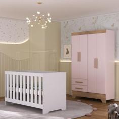 Quarto de Bebê com Guarda Roupa 4 Portas 2 Gavetas e Berço 3 em 1 Cata