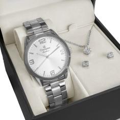 Relógio Feminino Champion Analógico Prata + Colar e Brincos CN29893C