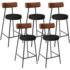 Kit 5 Banquetas Baixa Milão L02 Moderno Aço Carbono Assento Estofado Courino Marrom Preto Lyam Decor