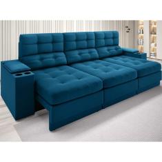 Sofá com Porta Copos e Carregador USB Eureka 2,30m Assento Retrátil e Reclinável Velosuede - NETSOFAS