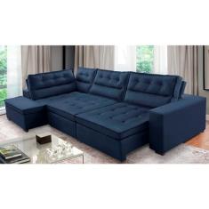 Sofá de Canto Retrátil e Reclinável com Molas 3,00x2,00 Esq Virginia Suede Azul Adonai Estofados