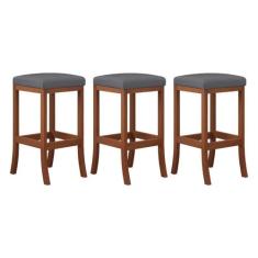 Kit 3 Banquetas Média Estofada para Cozinha Barcelona Madeira Castanho