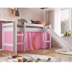 Cama Elevada com Escorregador e Cortina Completa Móveis Branco/Rosa
