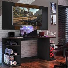 Mesa Gamer Escrivaninha com Painel Tv 65" Guilda Multimóveis Preto/madeirado