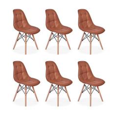 Conjunto 6 Cadeiras Dkr Charles Eames Wood Estofada Botonê - Marrom -