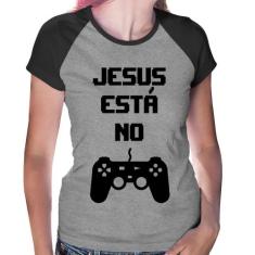 Baby Look Raglan Jesus está no controle - Foca na Moda, Cinza, Preto, 