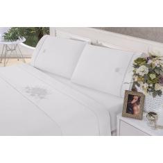 Jogo de lençol Queen Bordado Crivo 4 peças Percal Branco