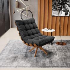 Poltrona Giratória Costela Base Madeira MA30 Suede Preto D03 - D'Rossi