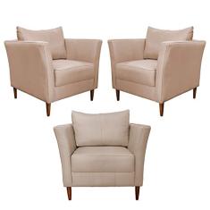 Kit 3 Poltronas Decorativa Sala de Estar Pés Palito Lubbock Couro Bege - Gran Belo