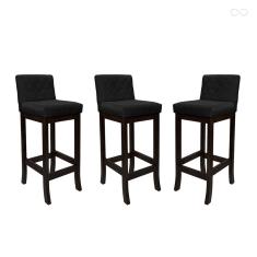 Kit 3 Banquetas Alta para Bancada de Cozinha Tóquio Madeira Maciça Matelassê Suede Preto ccs