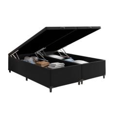 Cama Box Baú King Bipartido Blindado Suede Preto Com Pistão A Gás