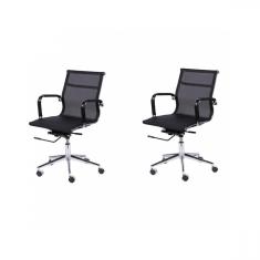 Kit 2 Cadeiras Office Eames Tela Baixa Giratória OR Design Preto/Cromado