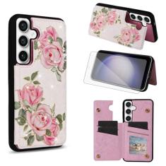 Asuwish Capa de telefone para Samsung Galaxy S23 FE 5G carteira celular com protetor de tela de vidro temperado flor luxuosa couro PU porta-cartão suporte suporte S 23 EF S23FE 23S mulheres meninas