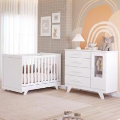 Quarto Bebê Retrô Janelado Completo Berço Americano 2 Em 1 Cômoda 4 Gavetas 1 Porta 100% MDF Móveis Peroba